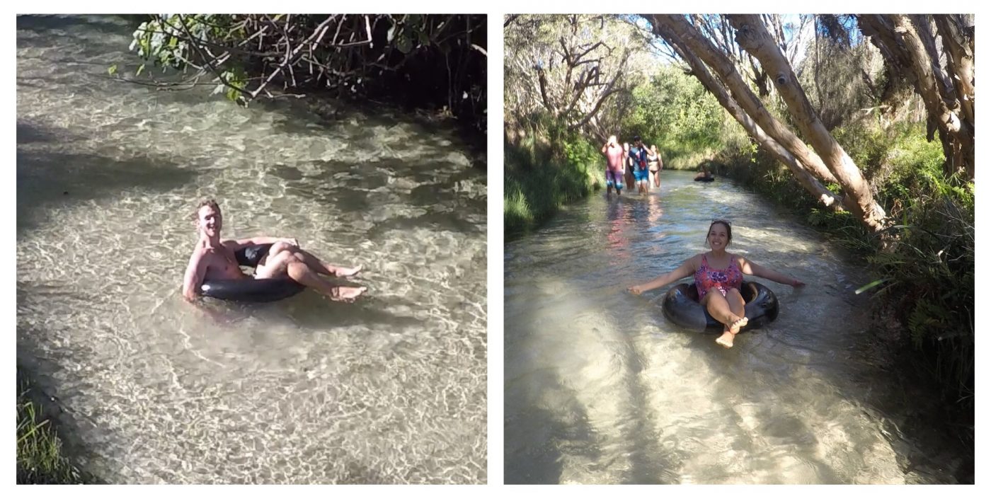 Floating down Eli Creek in rubber rings.