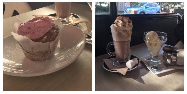 Cake, affogato and cream-topped hot chocolate